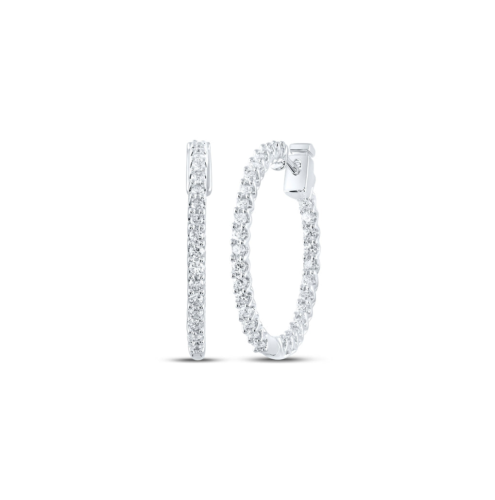 14K White Gold Women's Round Diamond Inside Outside Hoop Earrings 1ctw