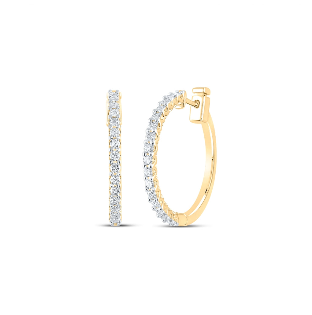 14K Yellow Gold Womens Round Diamond Hoop Earrings 7/8 Cttw