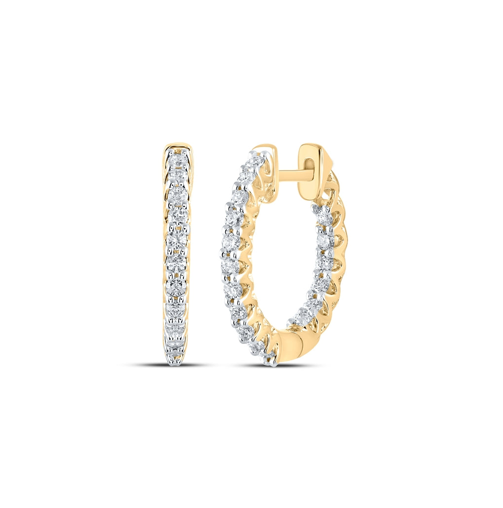 14K White Or Yellow Gold Womens Round Diamond Inside Outside Hoop Earrings