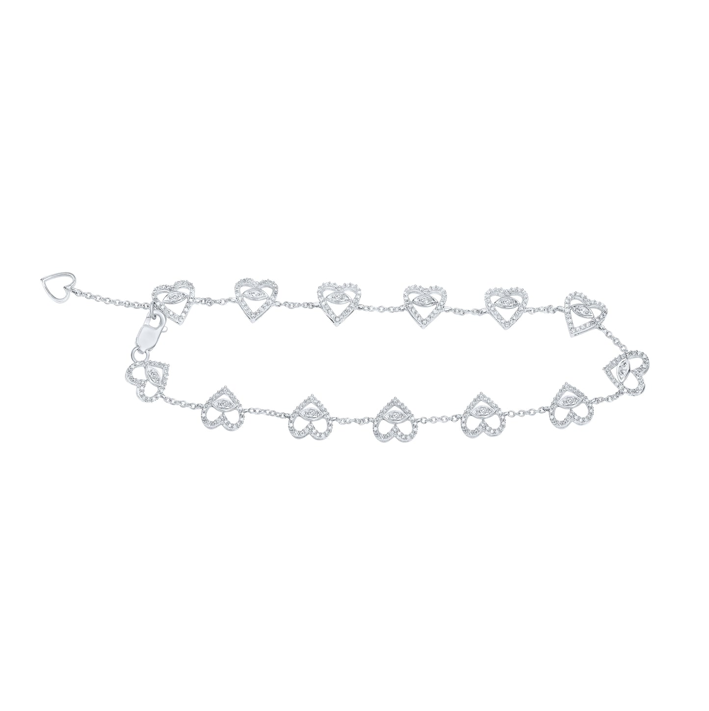 10K White Gold Womens Round Diamond Heart Bracelet 3/4 Cttw