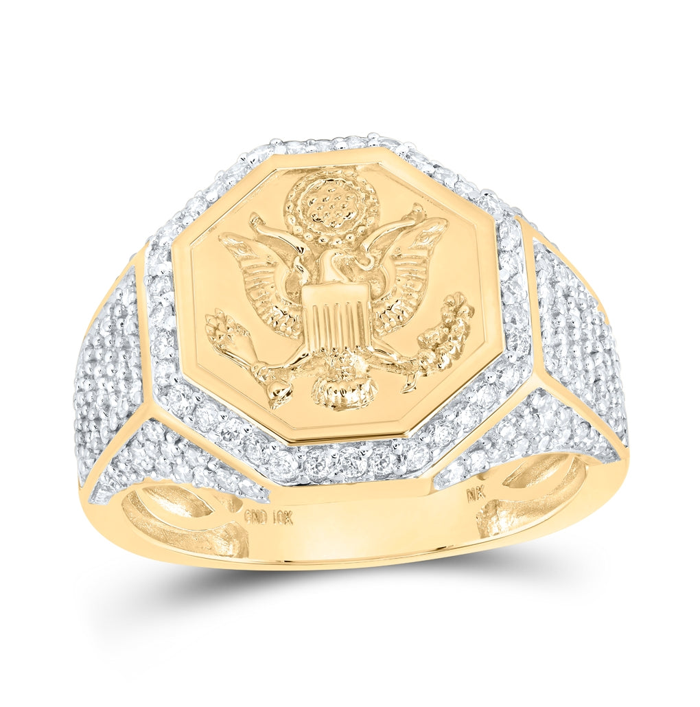 10K Yellow Gold Mens Round Diamond American Eagle Presidential Band Ring 1 Cttw, Mens Size: 7-13