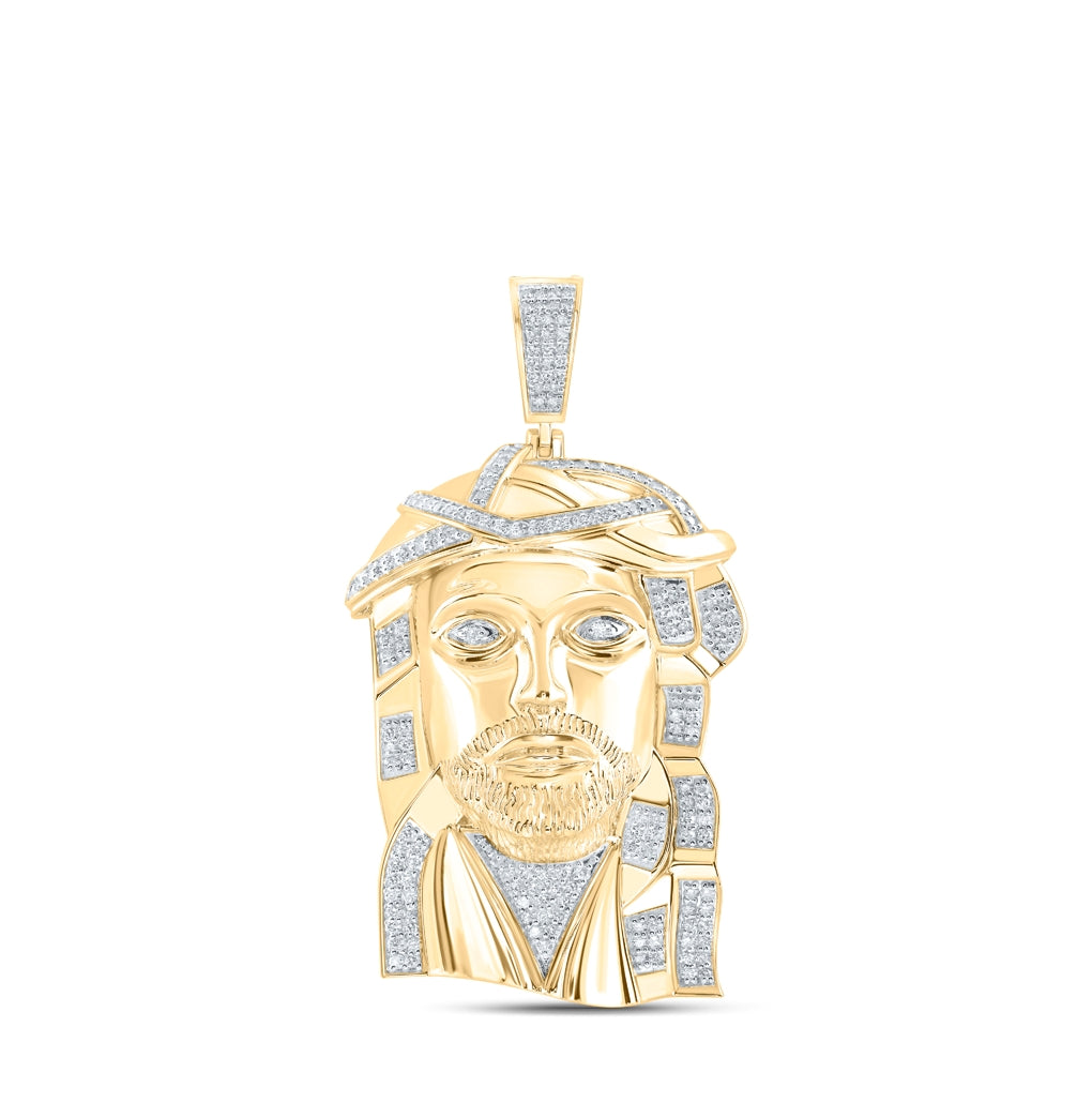 10K Yellow Gold Mens Round Diamond Jesus Face Charm Pendant 4-7/8 Cttw