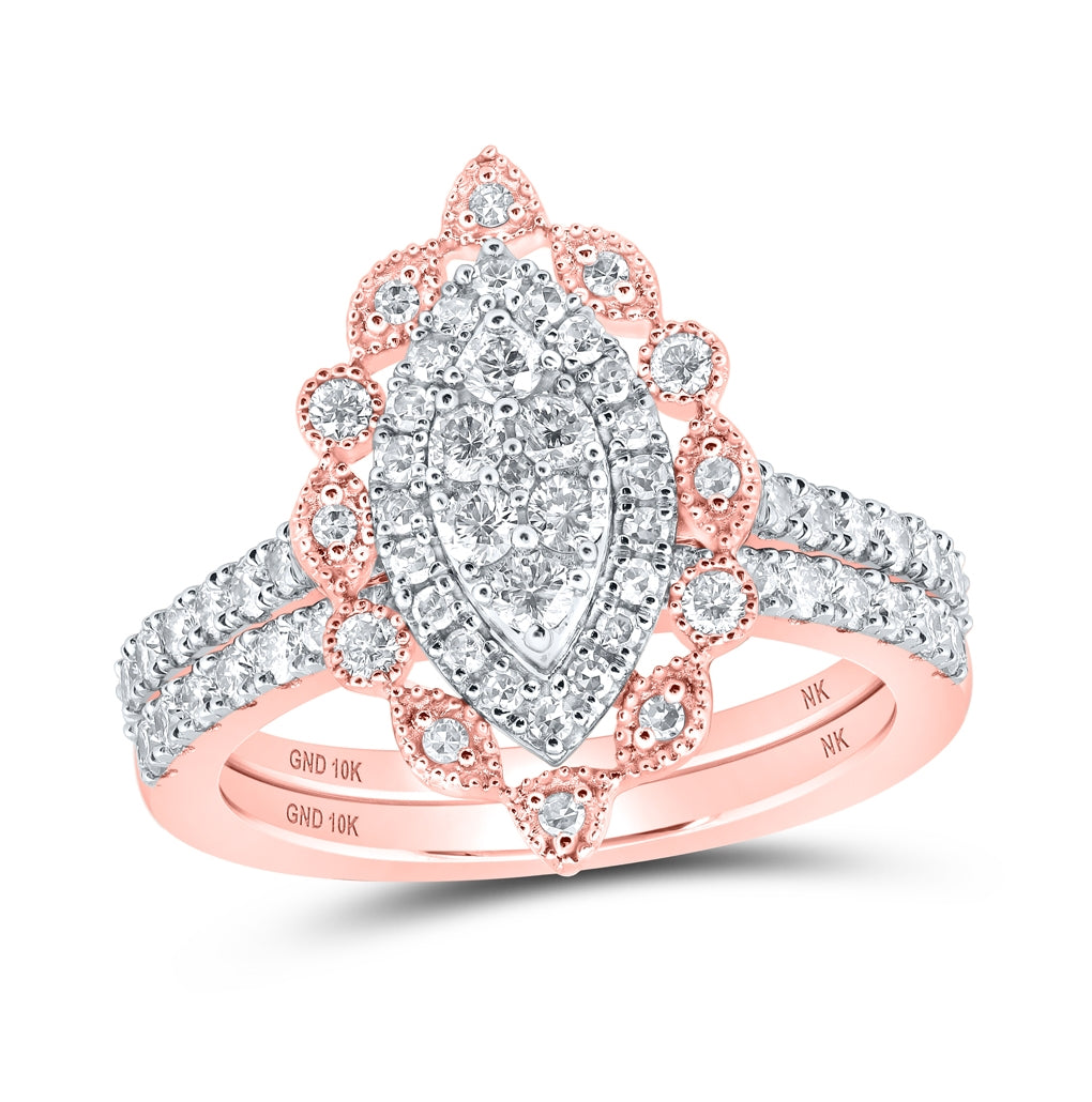 10K Yellow Or White Or Rose Gold Round Diamond Marquise-shape Bridal Wedding Ring Band Set , Womens Size: 5-10