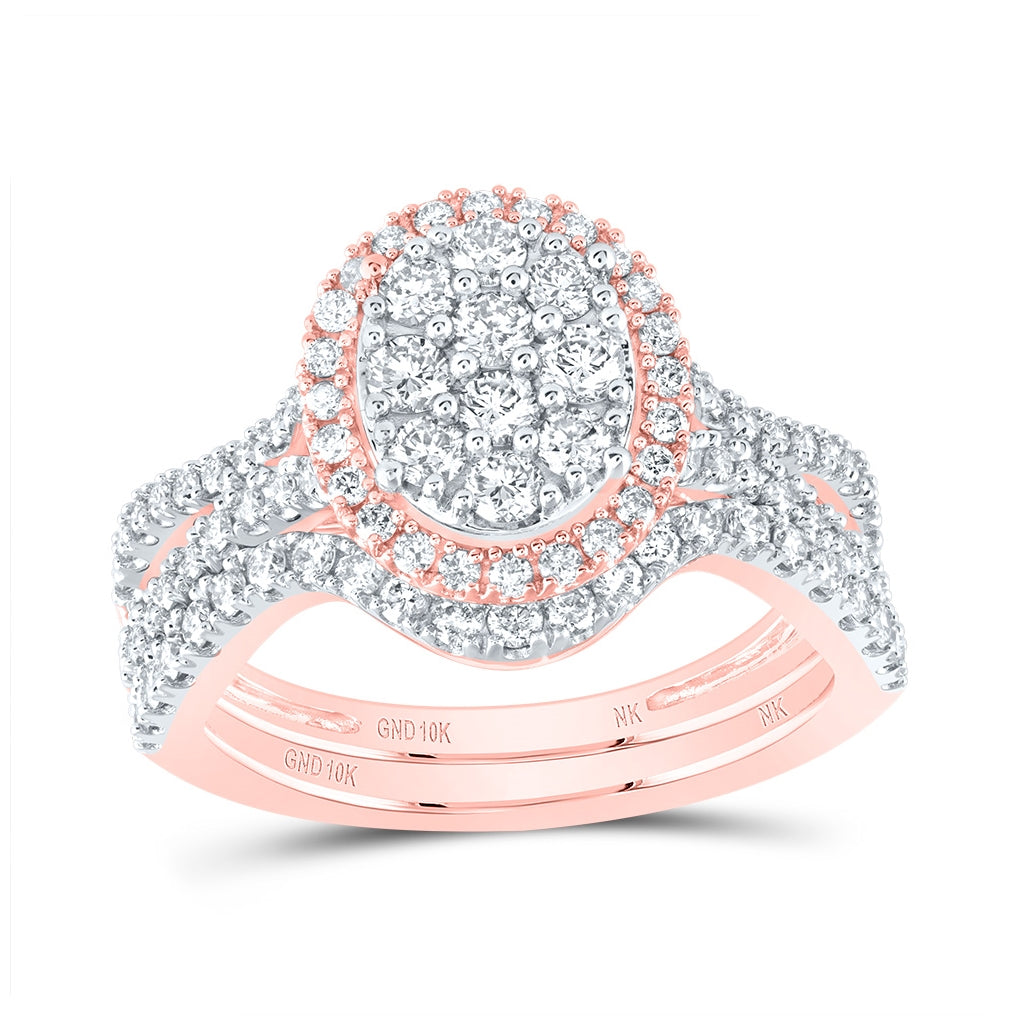 10K Rose Gold Round Diamond Oval-shape Bridal Wedding Ring Band Set 1 Cttw, Womens Size: 5-10