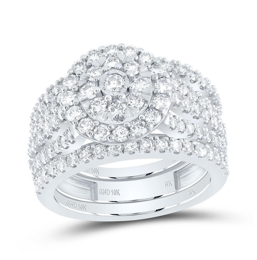 10K White Gold Round Diamond Cluster Bridal Wedding Ring Band Set 1-7/8 Cttw, Womens Size: 5-10