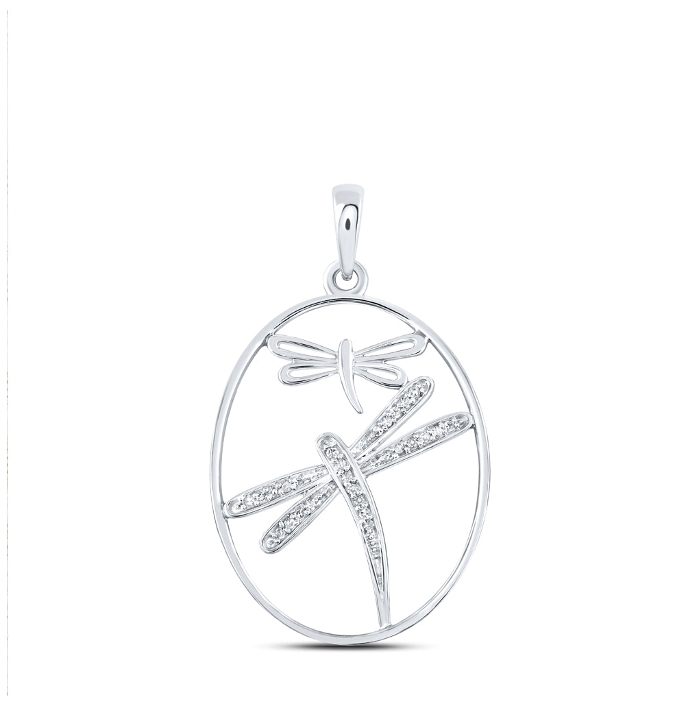Sterling Silver Womens Round Diamond Dragonfly Oval Pendant 1/10ctw, Length: 1.33 Inch Width: 0.73 Inch