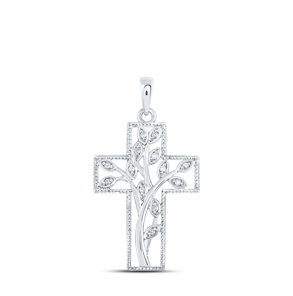 Sterling Silver Womens Round Diamond Cross Pendant 1/12ctw, Length: 1.33 Inch Width: 0.73 Inch