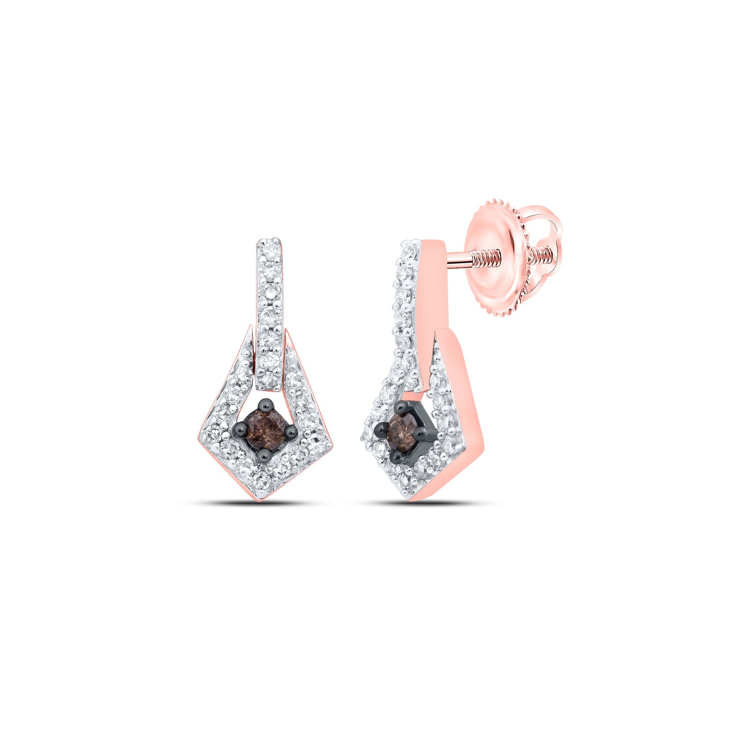 10K Rose Gold Womens Round Brown Diamond Dangle Earrings 1/6 Cttw