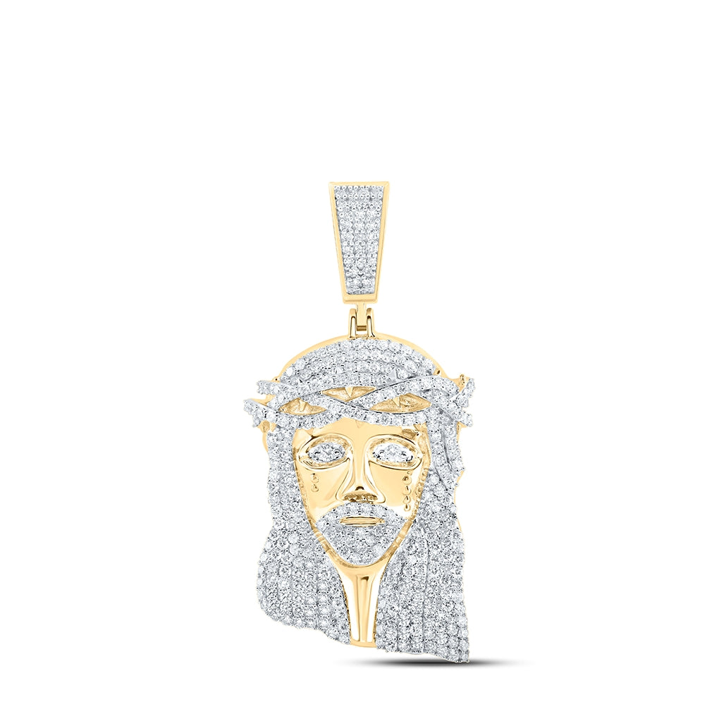 10K Yellow Gold Mens Round Diamond Jesus Face Charm Pendant 6-1/3 Cttw