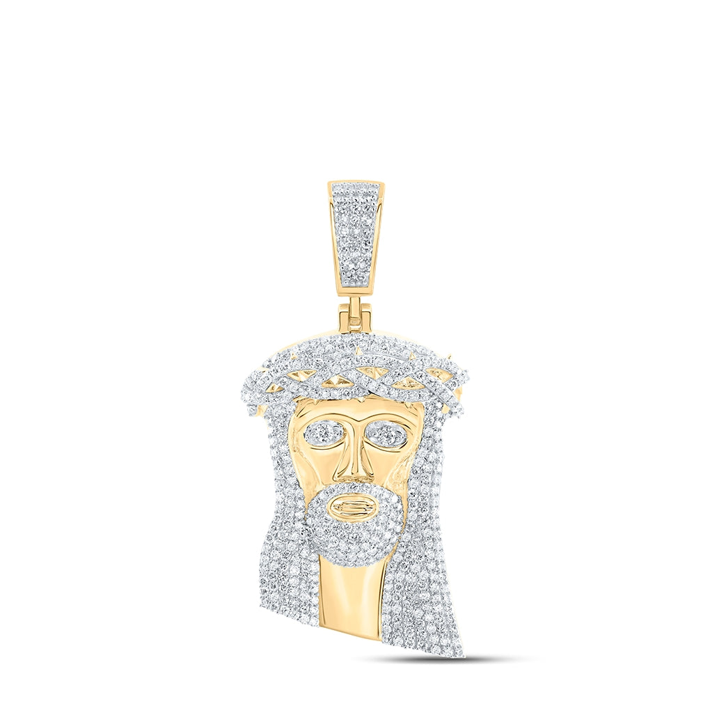 10K Yellow Gold Mens Round Diamond Jesus Face Charm Pendant 5 Cttw, Length: 2.89 In, Width: 1.16 In