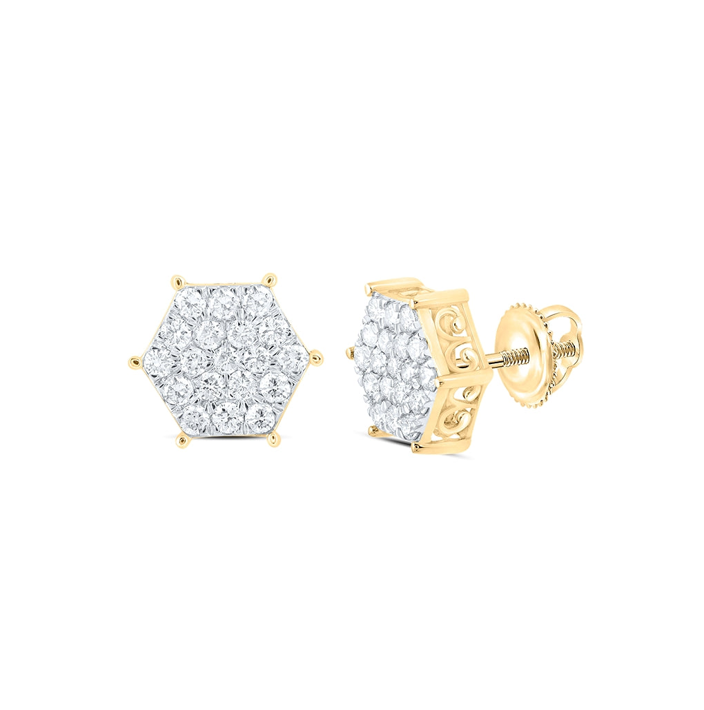10K White Or Yellow Gold Womens Round Diamond Hexagon Cluster Earrings
