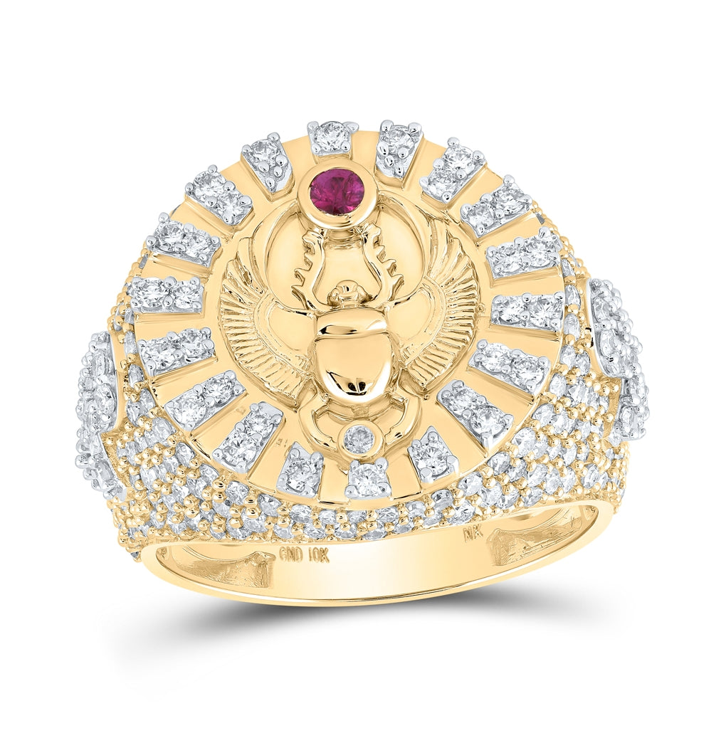 10K Yellow Gold Mens Round Ruby Diamond Scarab Circle Ring 2-5/8 Cttw, Mens Size: 7-13