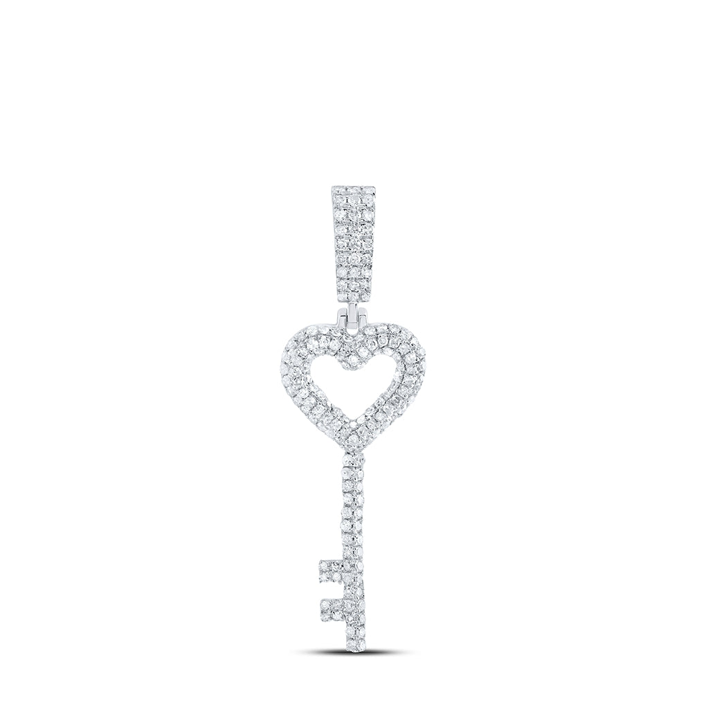 Sterling Silver Womens Round Diamond Heart Key Pendant 5/8ctw