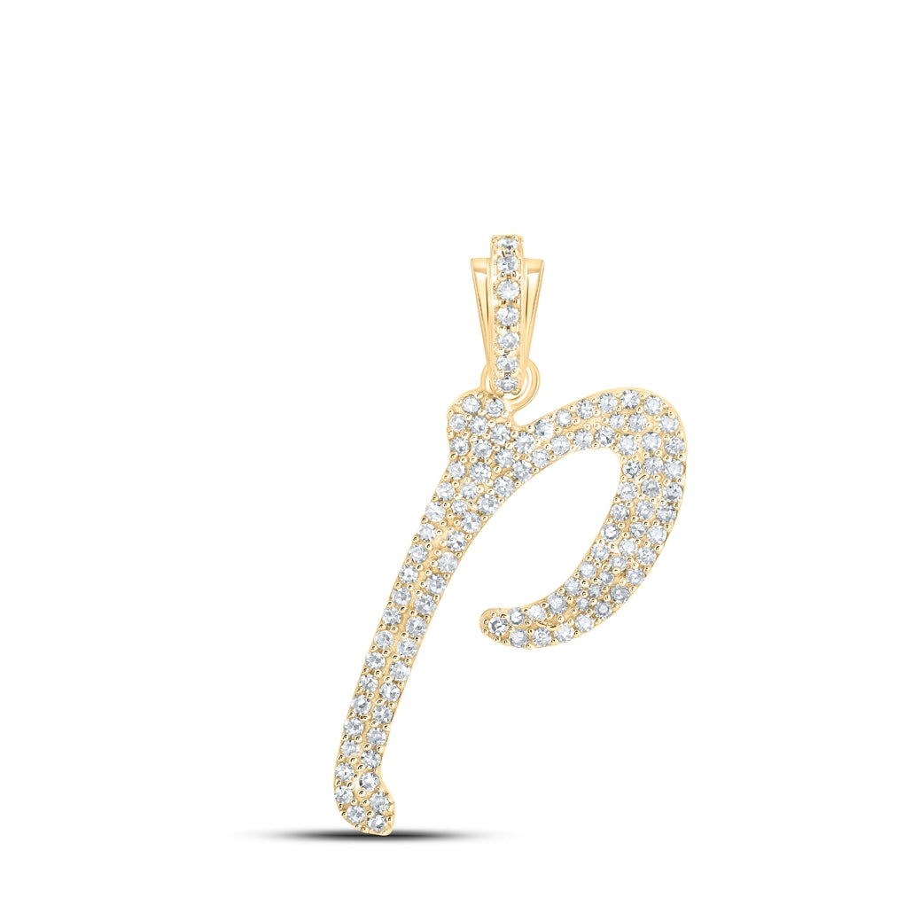 10K Yellow Or White or Rose Gold Womens Round Diamond Cursive Initial Letter Pendant, Length: 0.87 In, Width: 0.51 In