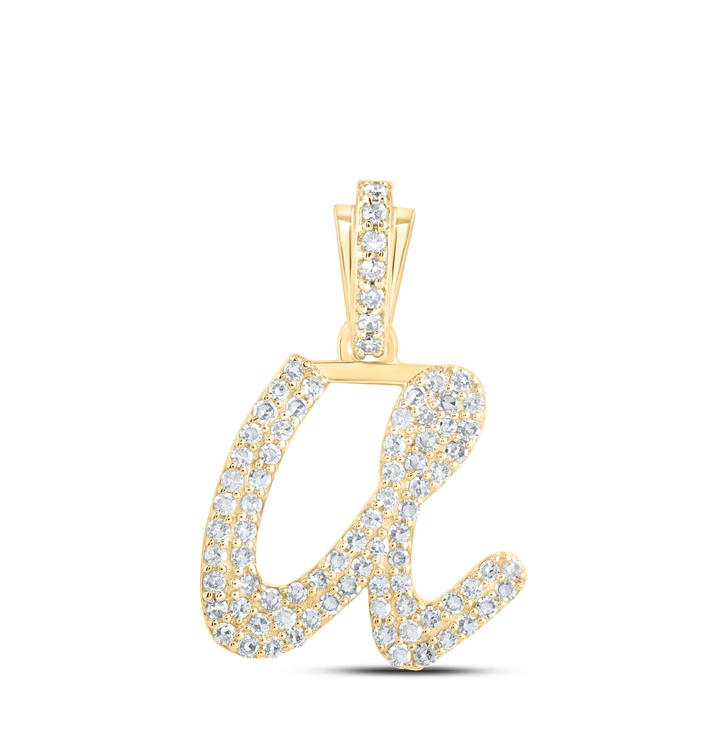 10K Yellow Or White or Rose Gold Womens Round Diamond Cursive Initial Letter Pendant, Length: 0.87 In, Width: 0.51 In