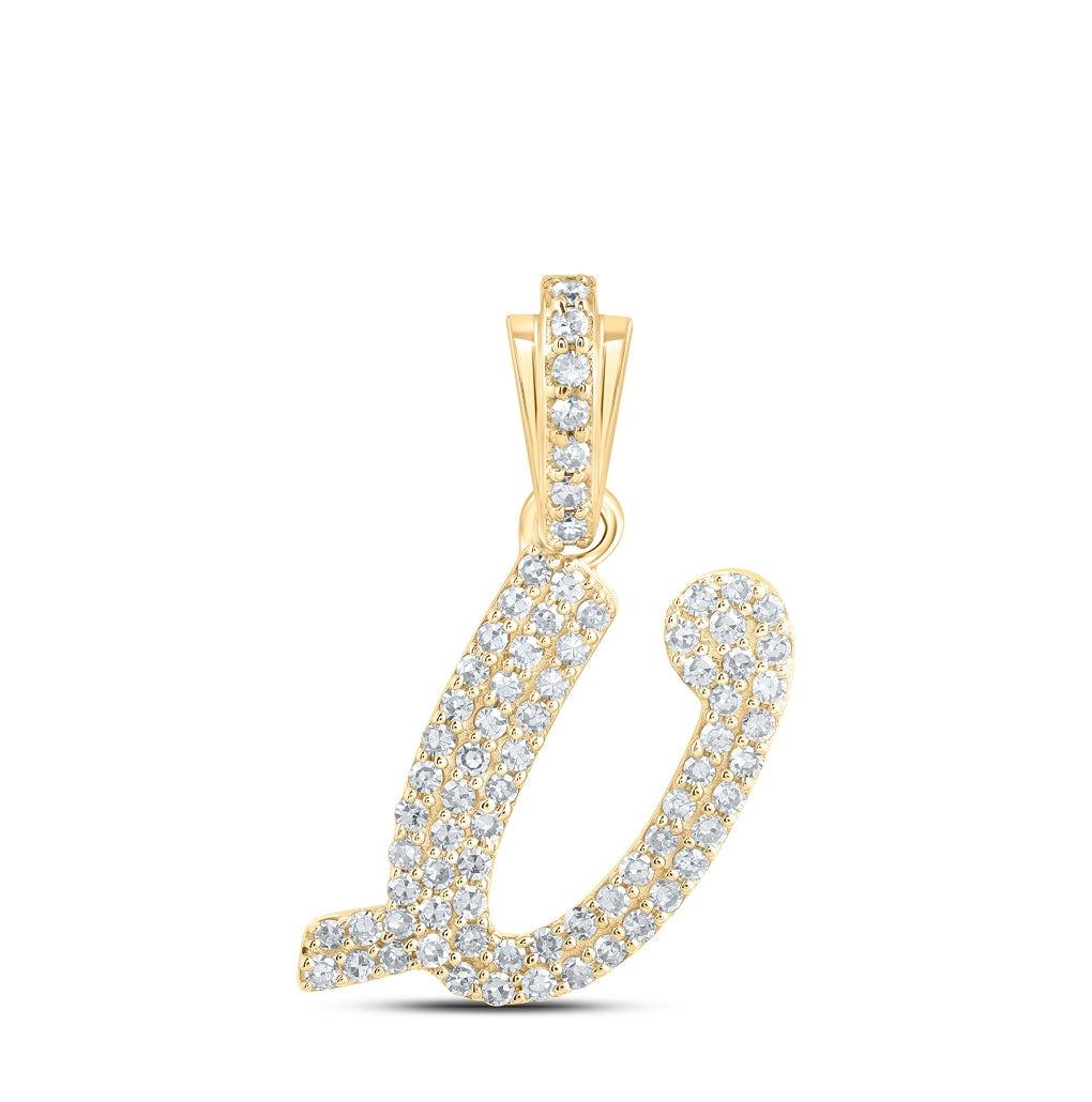 10K Yellow Or White or Rose Gold Womens Round Diamond Cursive Initial Letter Pendant, Length: 0.87 In, Width: 0.51 In