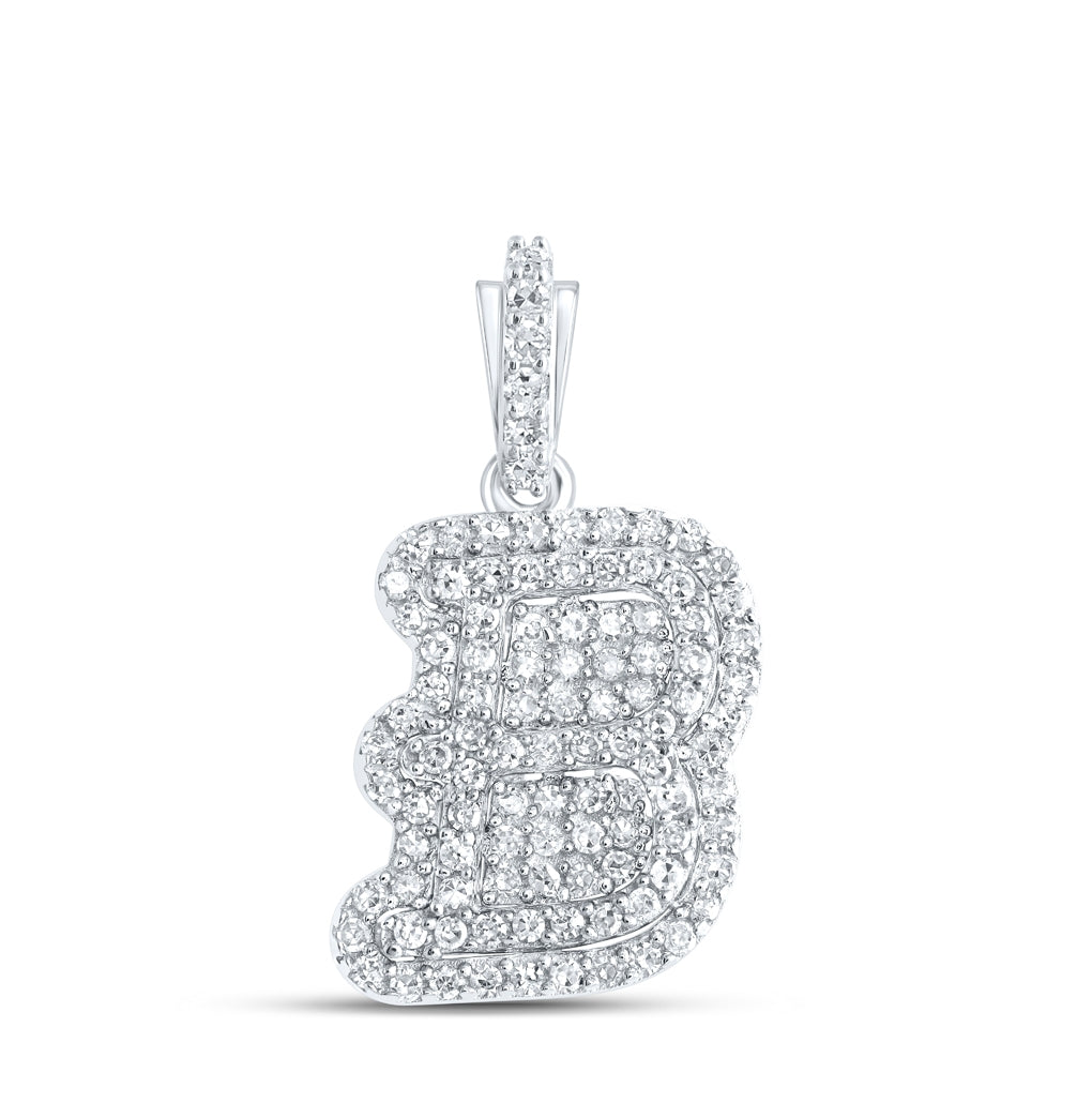 10K White Gold Womens Round Diamond Initial Letter Pendant, Length: 0.73 In, Width: 0.41 In