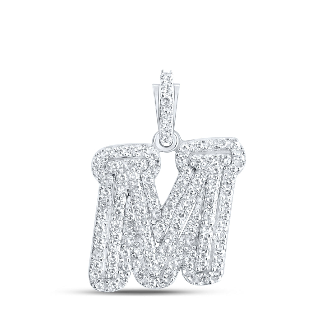 10K White Gold Womens Round Diamond Initial Letter Pendant, Length: 0.73 In, Width: 0.41 In