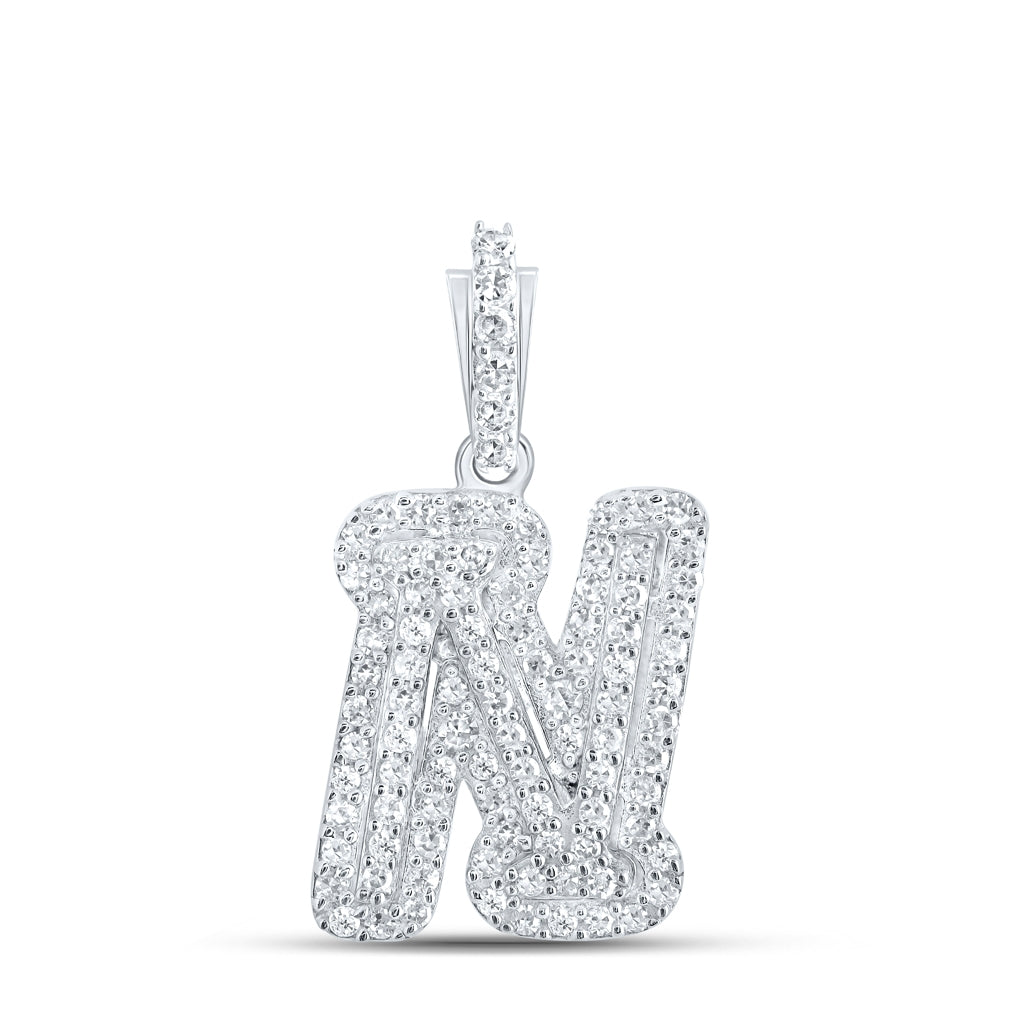 10K White Gold Womens Round Diamond Initial Letter Pendant, Length: 0.73 In, Width: 0.41 In