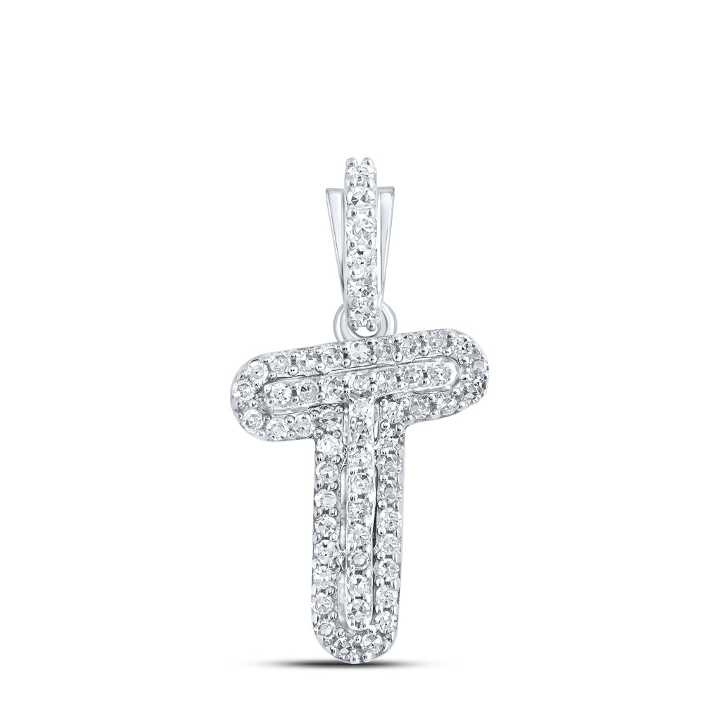 10K White Gold Womens Round Diamond Initial Letter Pendant, Length: 0.73 In, Width: 0.41 In