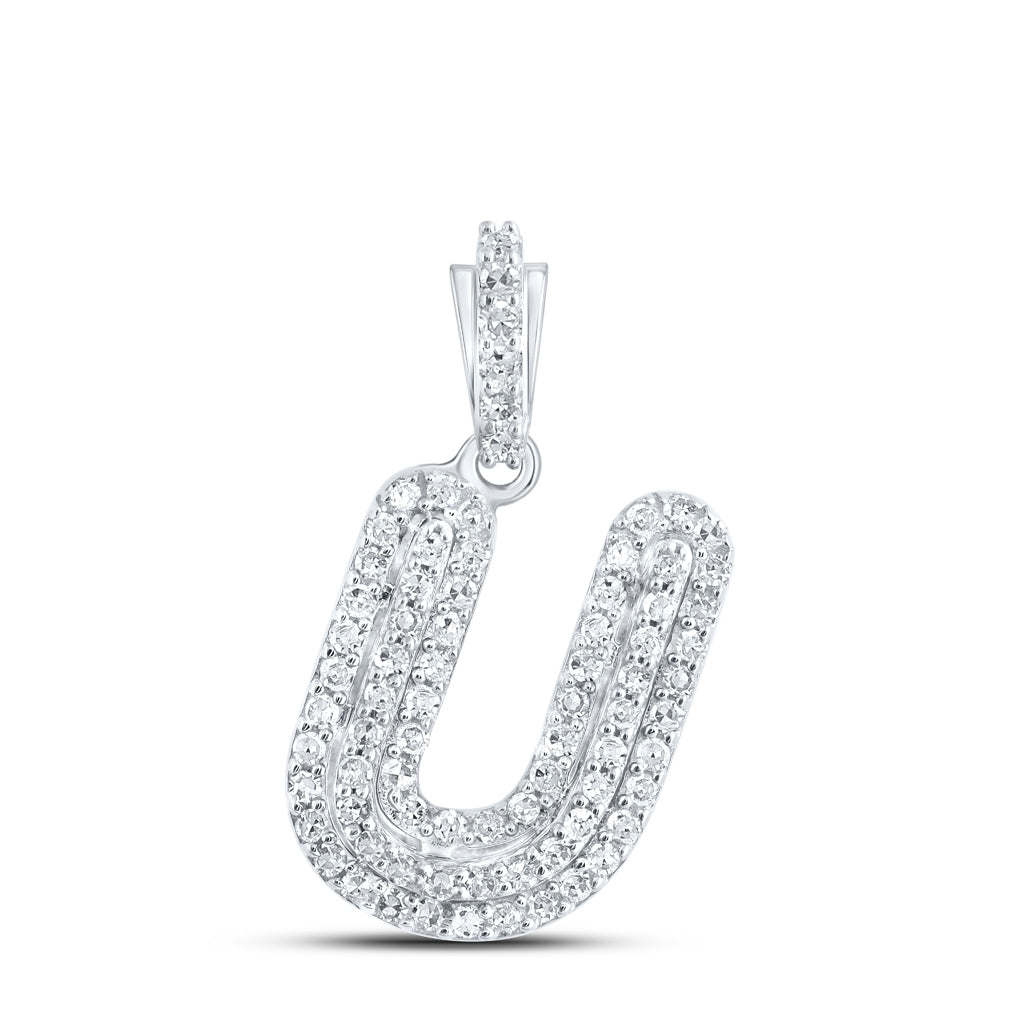 10K White Gold Womens Round Diamond Initial Letter Pendant, Length: 0.73 In, Width: 0.41 In