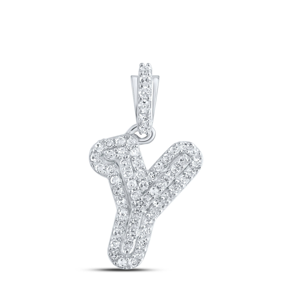 10K White Gold Womens Round Diamond Initial Letter Pendant, Length: 0.73 In, Width: 0.41 In