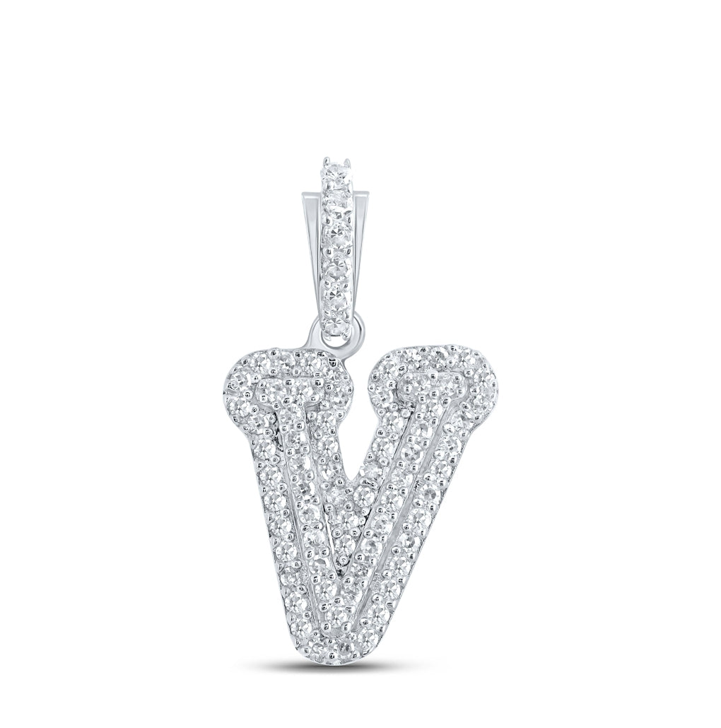10K White Gold Womens Round Diamond Initial Letter Pendant, Length: 0.73 In, Width: 0.41 In