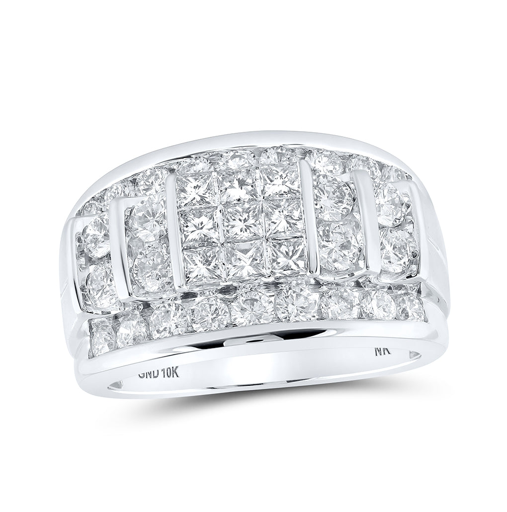 10K White Or Yellow Gold Mens Princess Diamond Round Band Ring , Mens Size: 7-13