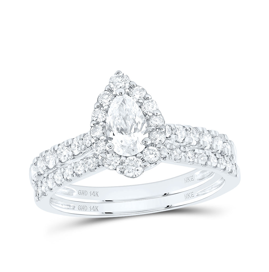 14K White Gold Pear Dia. Halo Bridal Wedding Band Set 1ctw, Women's Sz: 5-10