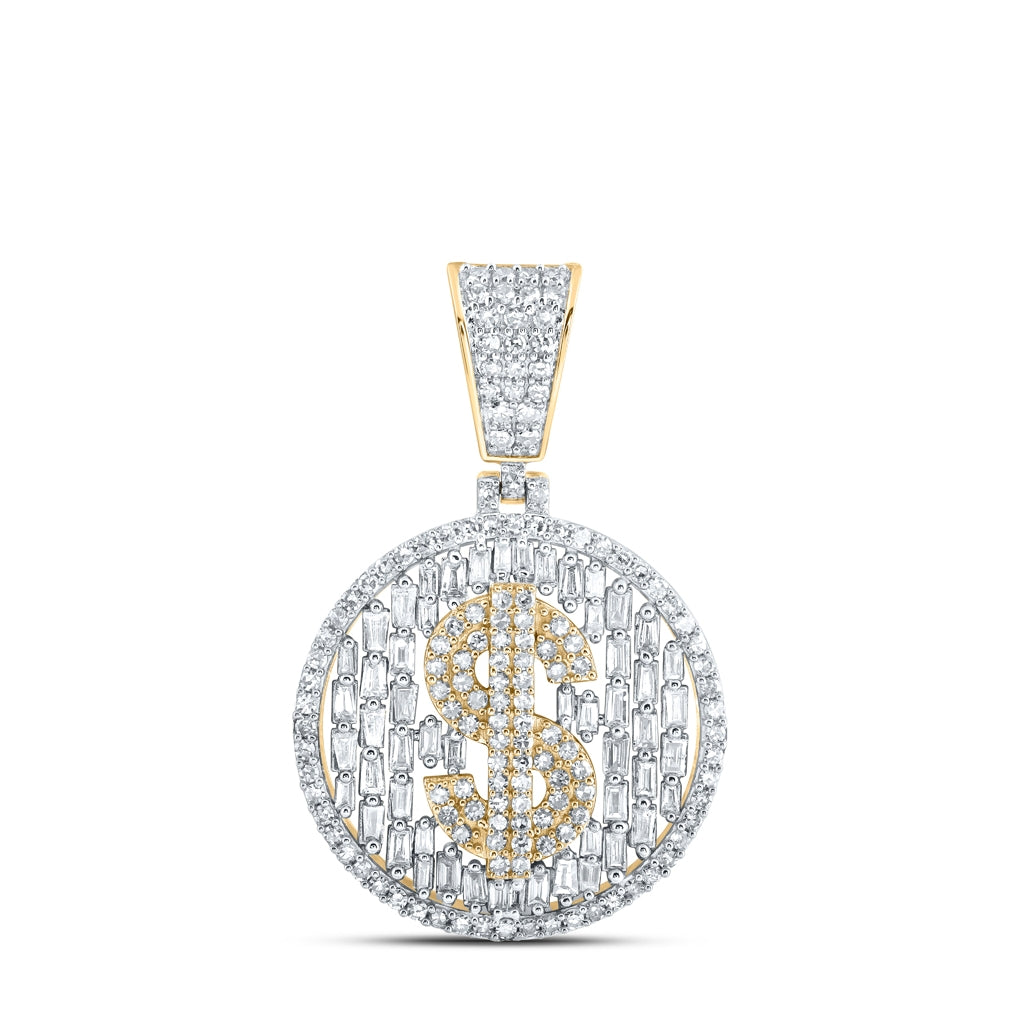 10K Yellow Gold Mens Round Diamond Dollar Sign Circle Charm Pendant 1-1/2 Cttw