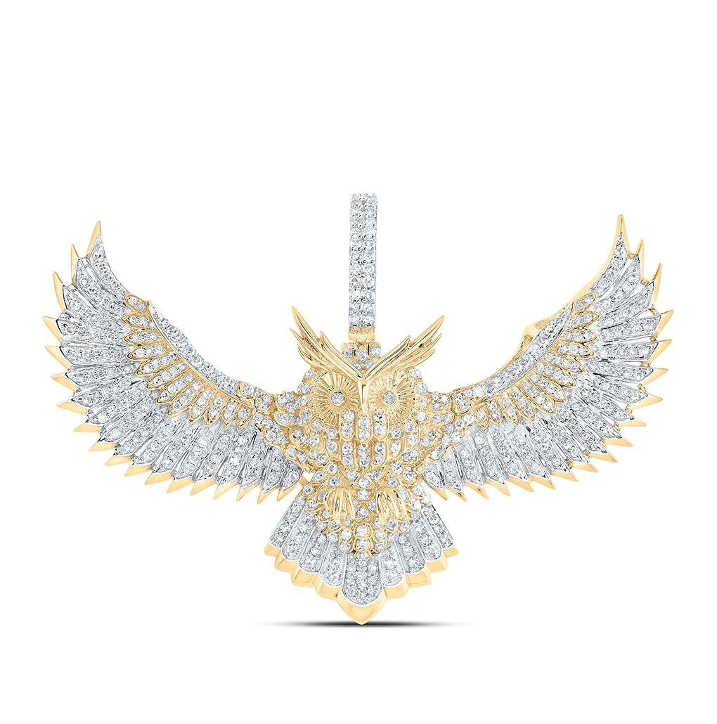 10K Yellow Gold Mens Round Diamond Owl Bird Charm Pendant 1-1/4 Cttw