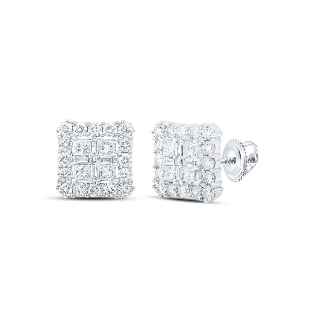10K White Gold Womens Round Diamond Square Earrings 1-1/3 Cttw