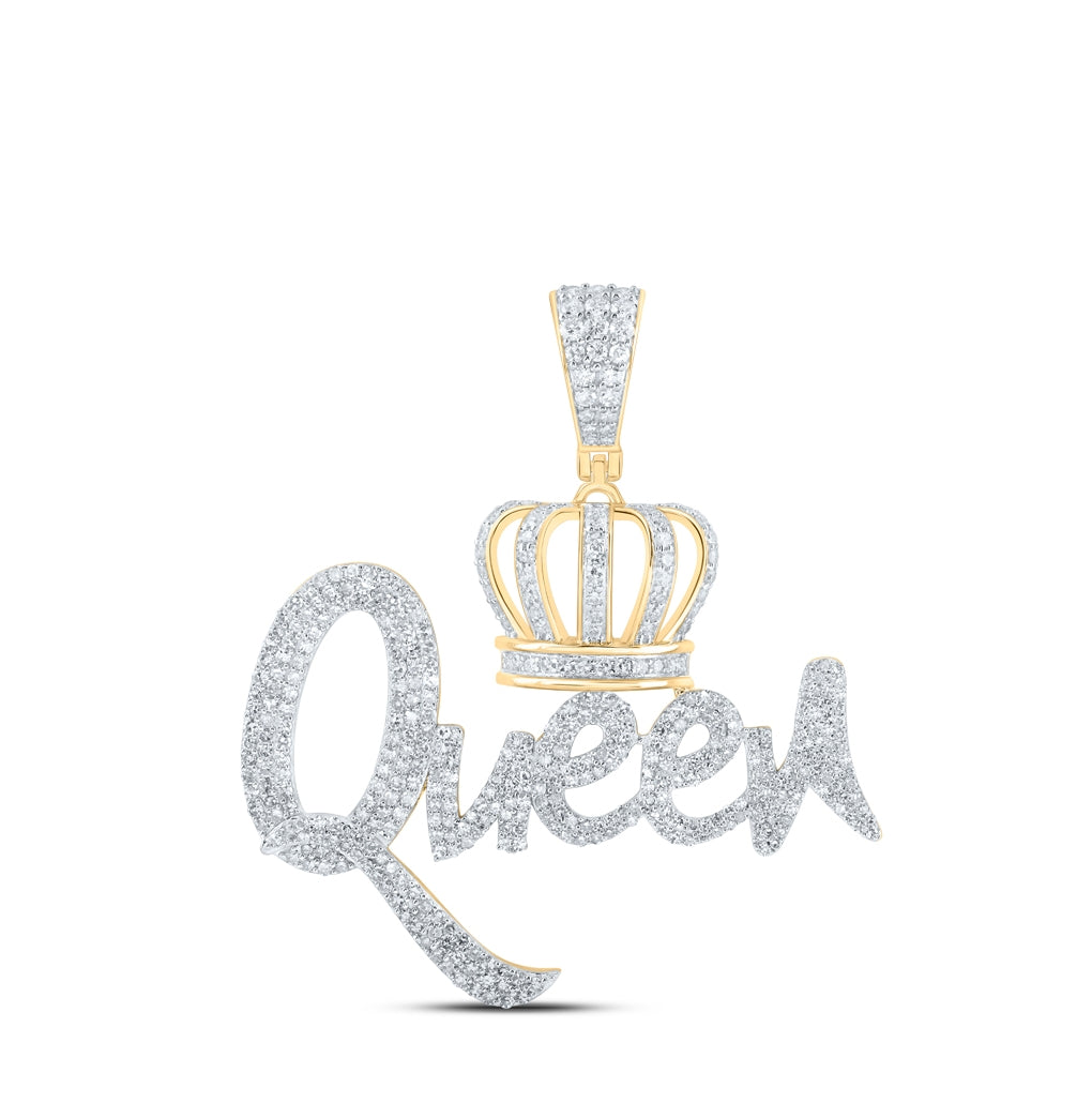 10K Yellow Gold Mens Round Diamond Queen Crown Charm Pendant 1-5/8 Cttw, Length: 1.73 In, Width: 1.47 In