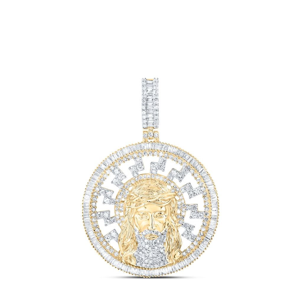 10K Yellow Gold Mens Baguette Diamond Jesus Medallion Circle Charm Pendant 2-3/4 Cttw