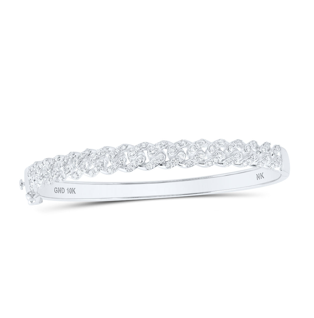 10K White Gold Womens Round Diamond Cuban Link Cuff Bangle Bracelet 1-5/8 Cttw, Width: 0.3 In
