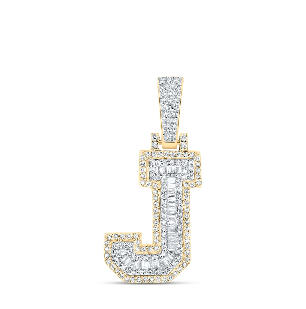 10K Yellow Gold Mens Baguette Diamond Initial Letter Charm Pendant