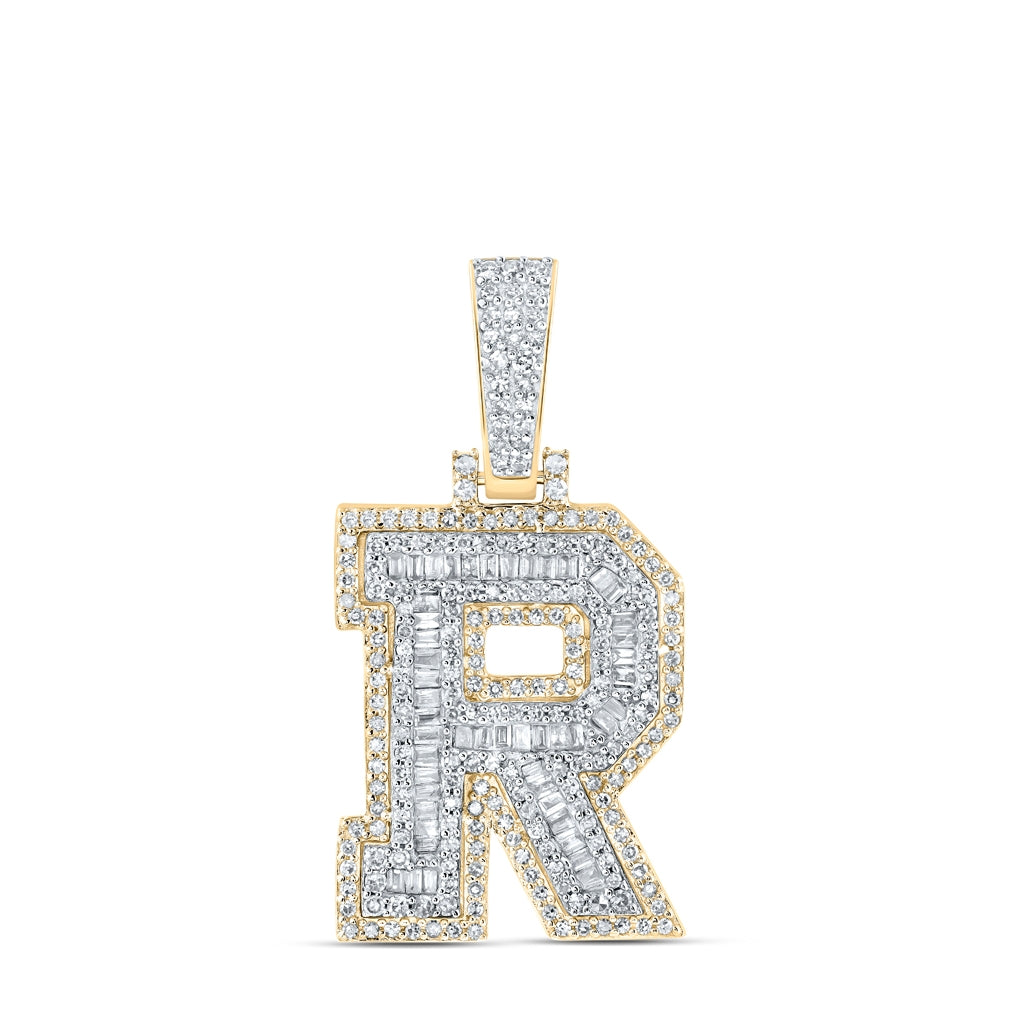 10K Yellow Gold Mens Baguette Diamond Initial Letter Charm Pendant