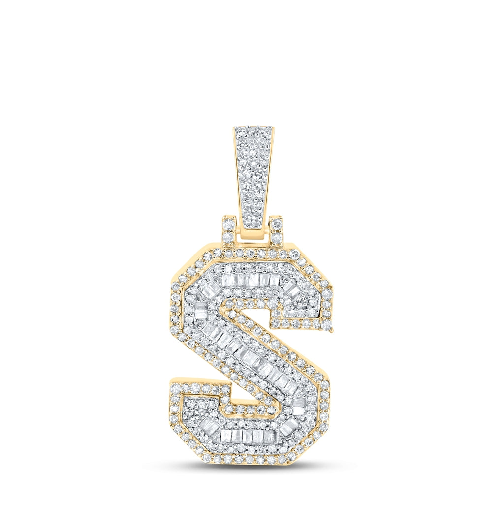 10K Yellow Gold Mens Baguette Diamond Initial Letter Charm Pendant