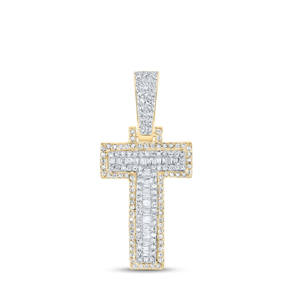 10K Yellow Gold Mens Baguette Diamond Initial Letter Charm Pendant