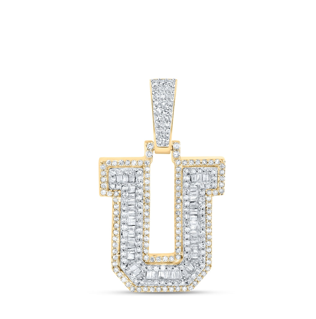 10K Yellow Gold Mens Baguette Diamond Initial Letter Charm Pendant