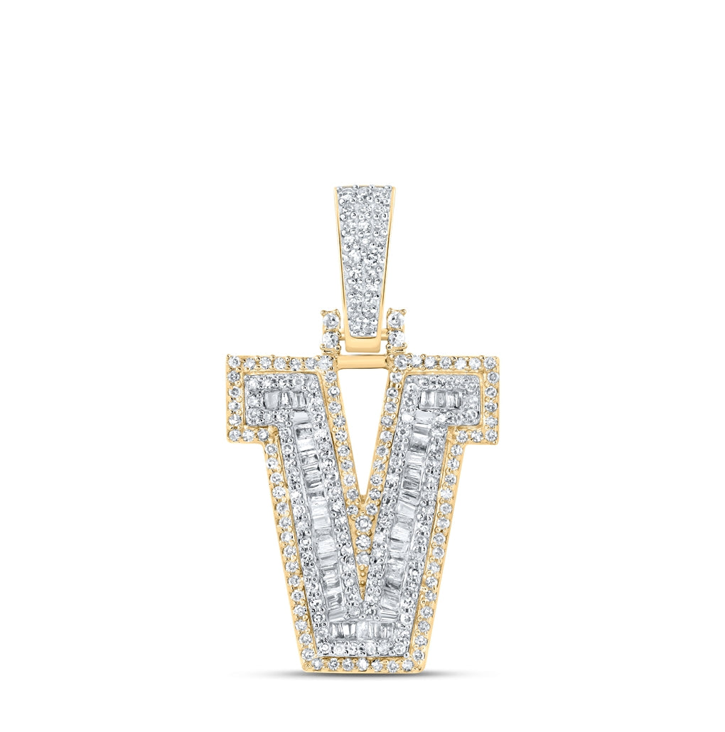 10K Yellow Gold Mens Baguette Diamond Initial Letter Charm Pendant