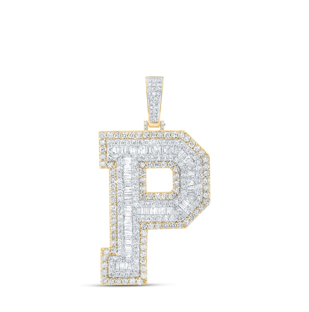 10K Yellow Gold Mens Baguette Diamond Initial Letter Charm Pendant