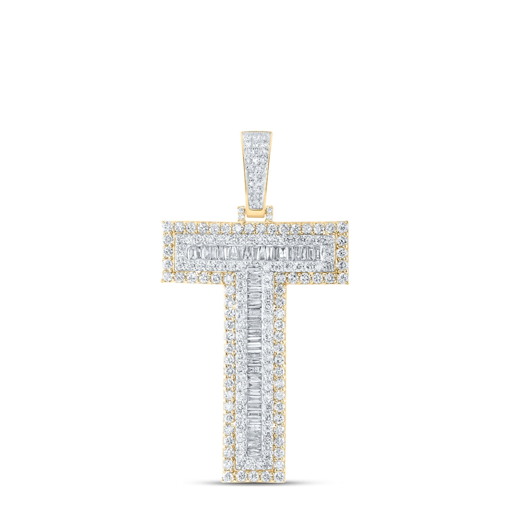 10K Yellow Gold Mens Baguette Diamond Initial Letter Charm Pendant