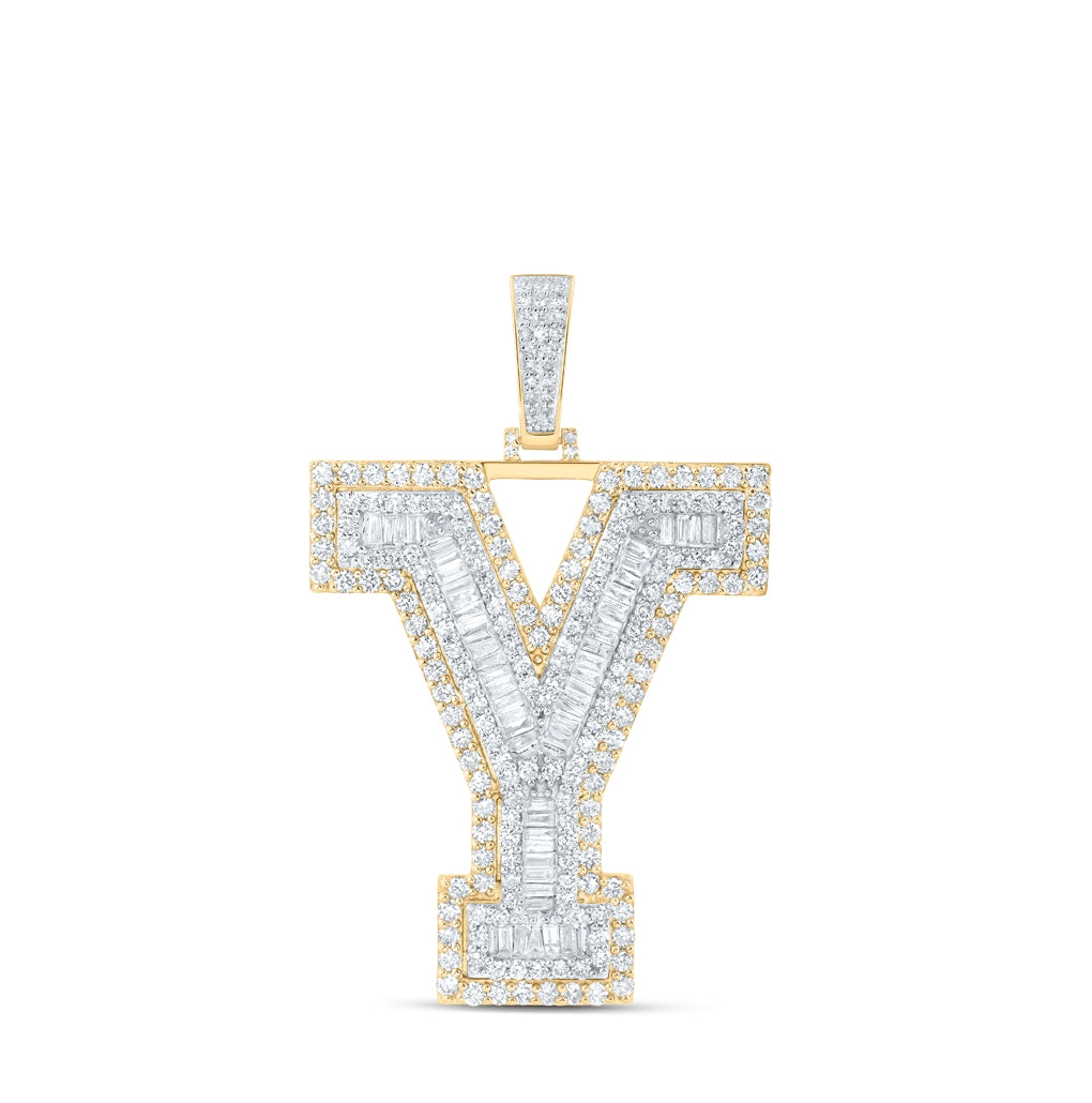 10K Yellow Gold Mens Baguette Diamond Initial Letter Charm Pendant
