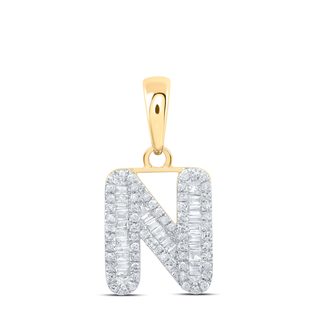 10K Yellow Or White Gold Womens Baguette Diamond Initial Letter Pendant, Length: 0.83 In, Width: 0.47 In