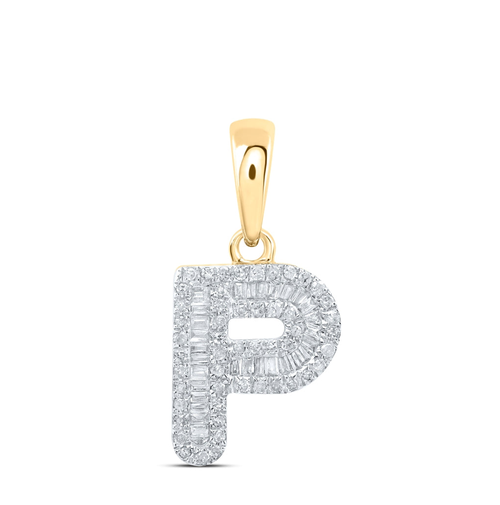 10K Yellow Or White Gold Womens Baguette Diamond Initial Letter Pendant, Length: 0.83 In, Width: 0.47 In