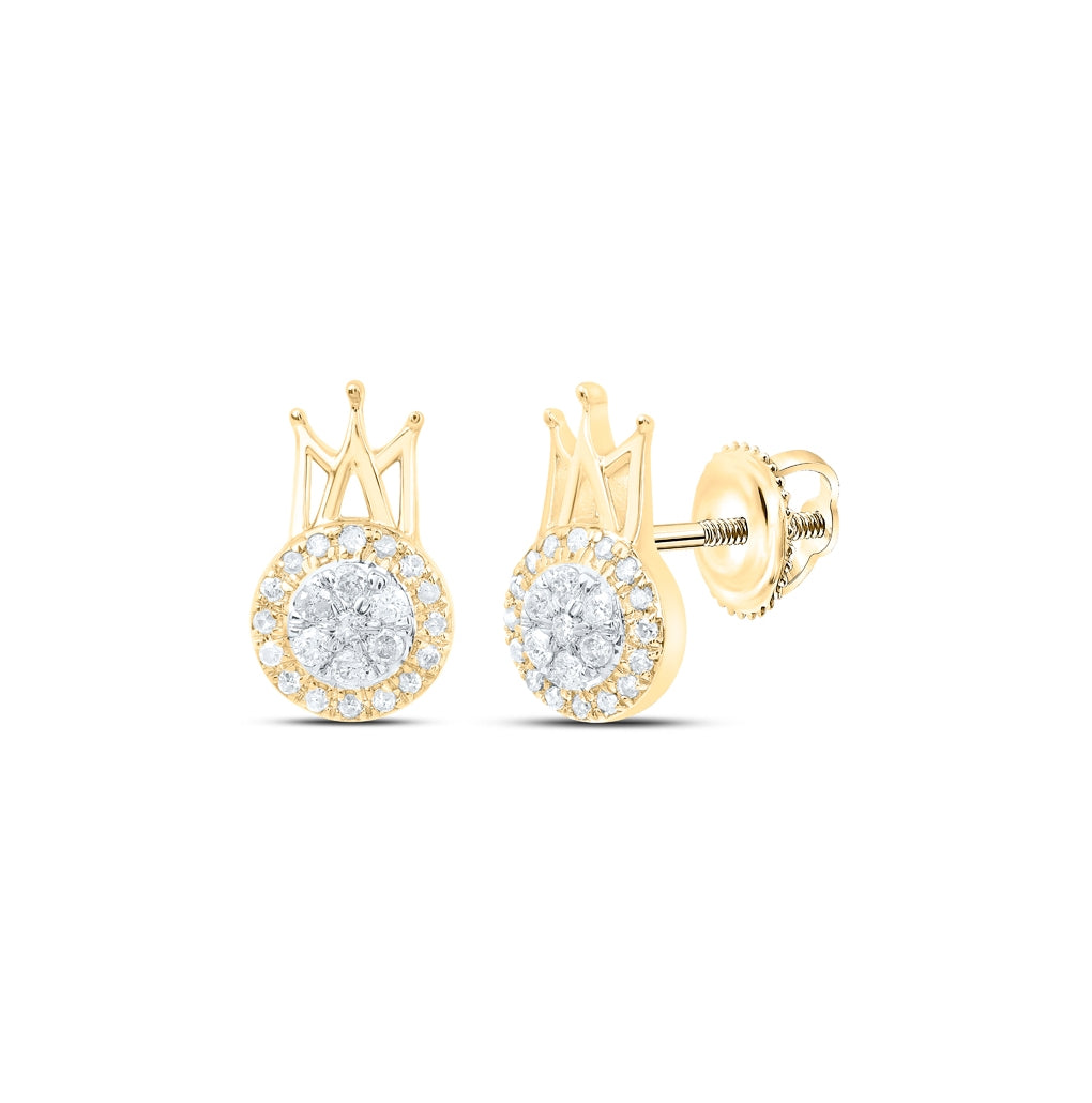 10K Yellow Gold Womens Round Diamond Crown Earrings 1/5ctw