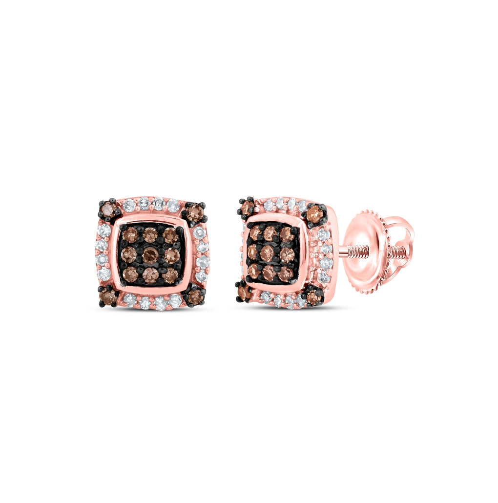 10K Rose Gold Womens Round Brown Diamond Square Earrings 1/4 Cttw