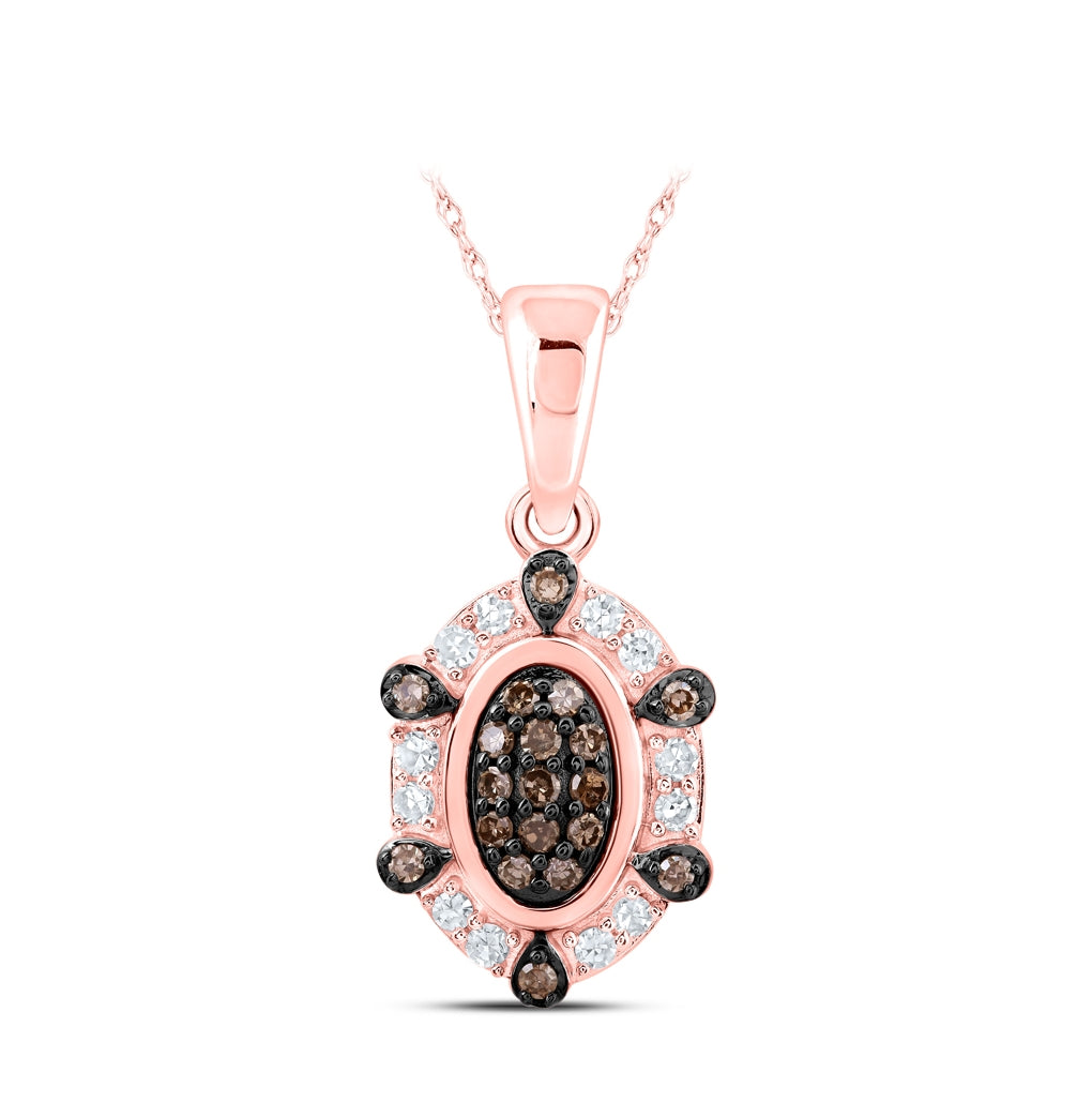 10K Rose Gold Women's Round Brown Diamond Oval Pendant 1/5ctw
