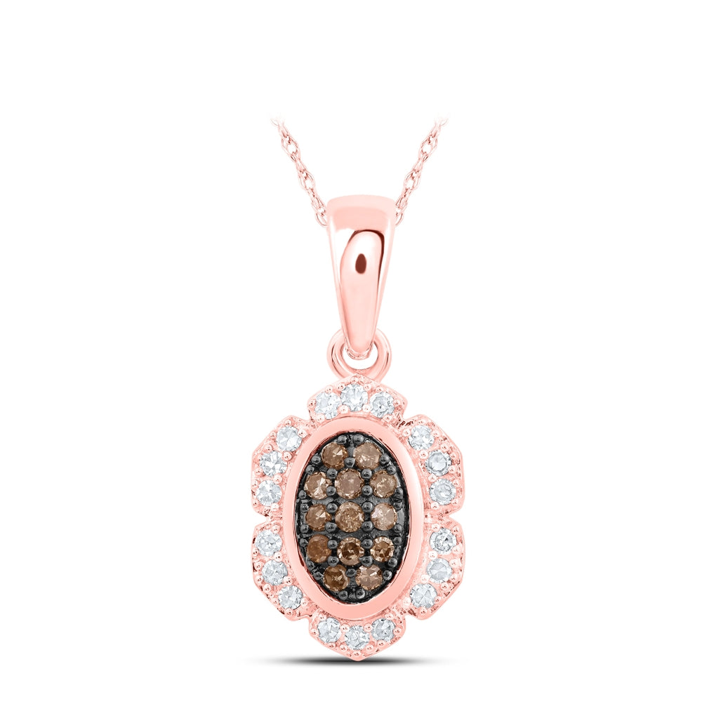 10K Rose Gold Womens Round Brown Diamond Oval Pendant 1/5ctw